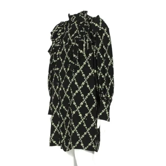 NWT GANNI Crepe Floral Print Mini Dress in Black Margarita Ruffle  sz 36 /655 - Picture 5 of 10